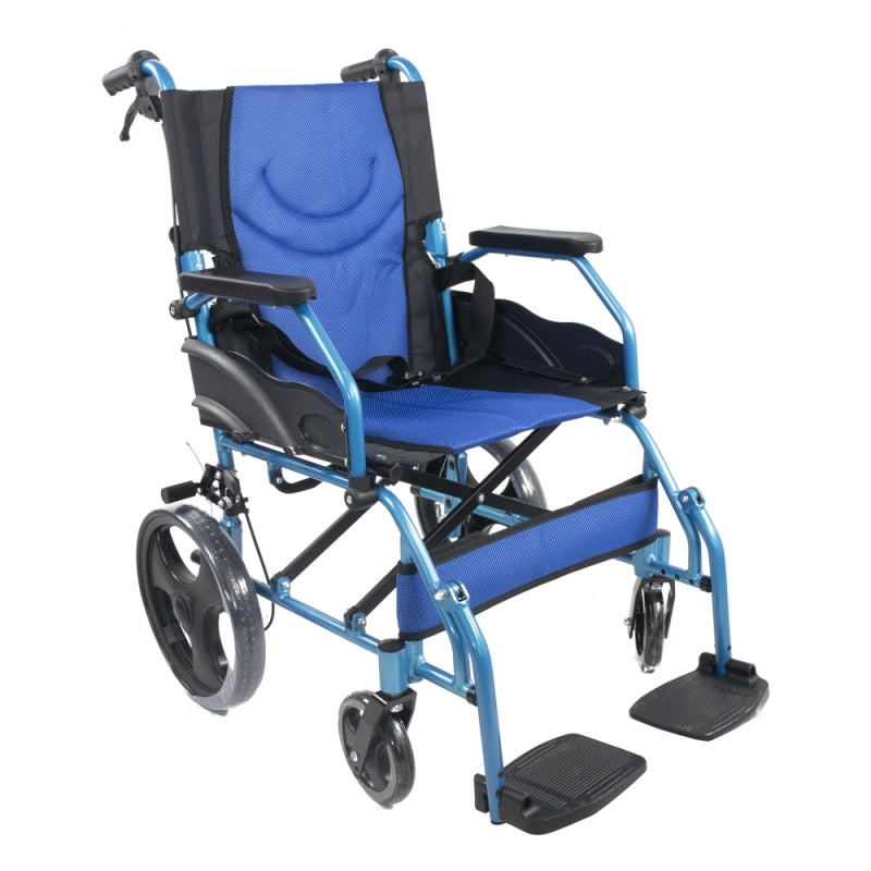 Aluminiumfalt -Rollstuhl und blaue Griffbremsen
